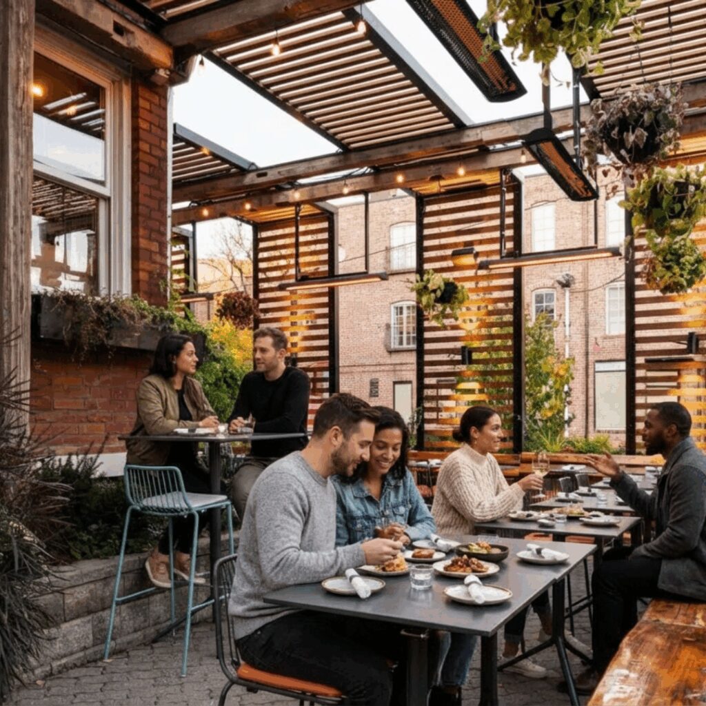 Outdoor restaurant patio with overhead electric heaters and diners seated