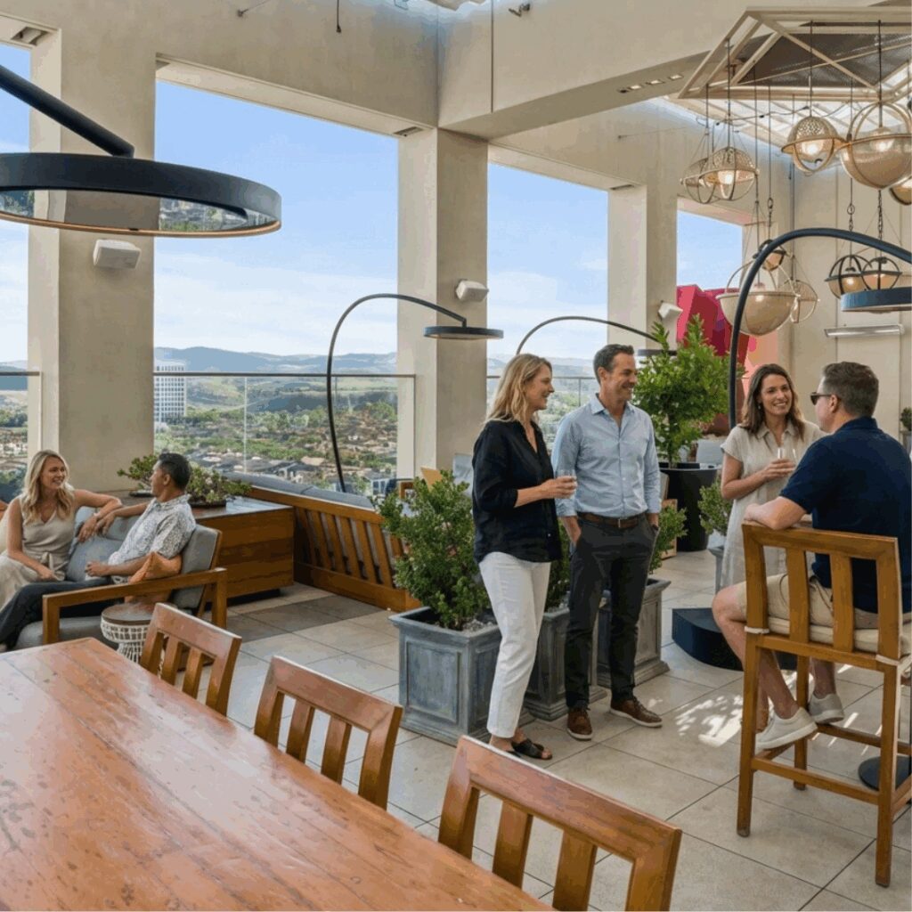 Upscale restaurant patio with ceiling-mounted electric heaters and guests dining